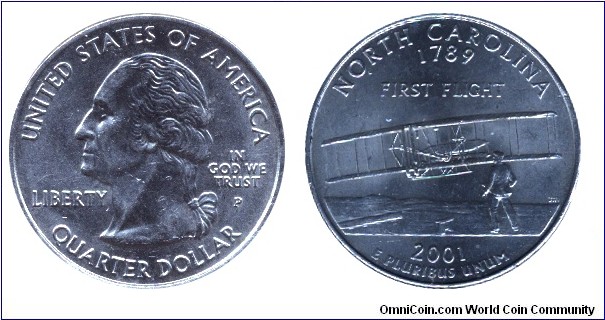 USA, 1/4 dollar, 2001, MM: P, North Carolina - 1789, First Flight, Washington.                                                                                                                                                                                                                                                                                                                                                                                                                                      