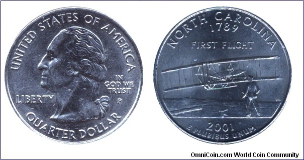 USA, 1/4 dollar, 2001, MM: P, North Carolina - 1789, First Flight, Washington.                                                                                                                                                                                                                                                                                                                                                                                                                                      