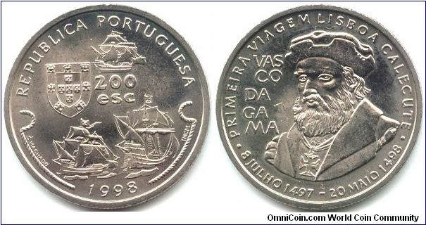 Portugal, 200 escudos 1998. Golden Age of Portuguese Discoveries (IX series).
Vasco da Gama.