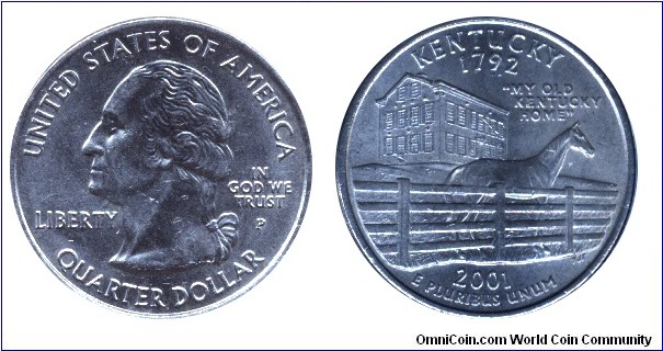 USA, 1/4 dollar, 2001, MM: P, Kentucky - 1792, My Old Kentucky Home, Washington.                                                                                                                                                                                                                                                                                                                                                                                                                                    