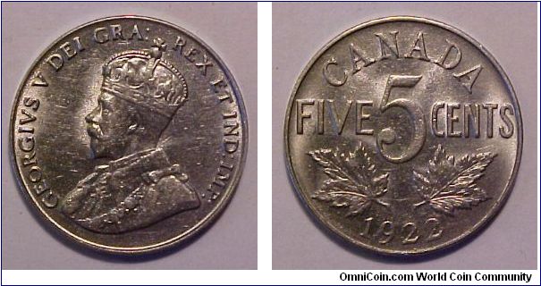 1922 Canada 5 Cents Nickel.