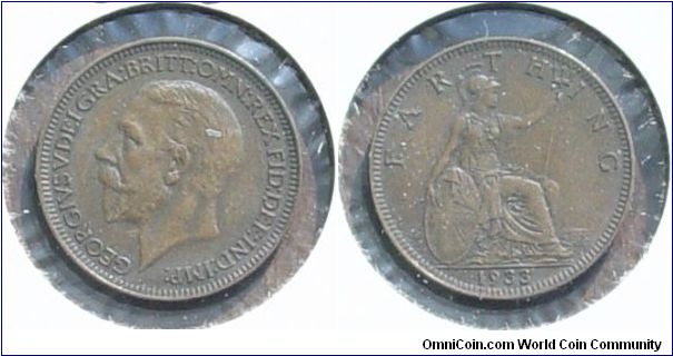 A 1933 British Farthing (One Quarter Penny) AU
