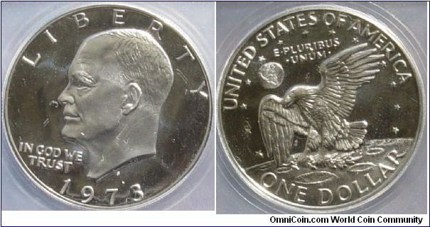 A 1973 Proof Ike Dollar graded PR69 DCAM by ICG