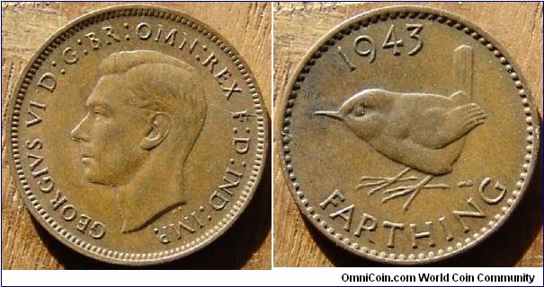 A 1943 British Farthing (One Quarter Penny) AU