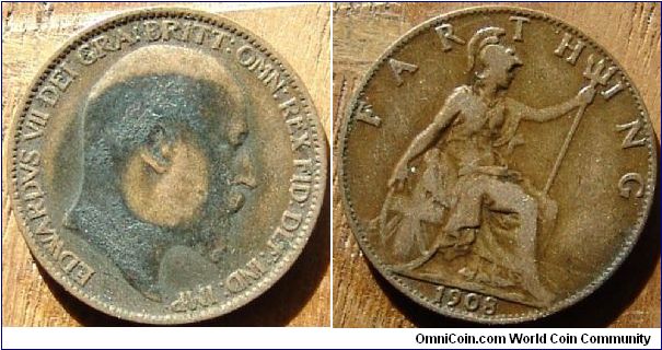 A 1908 British Farthing (One Quarter Penny) VG Porous