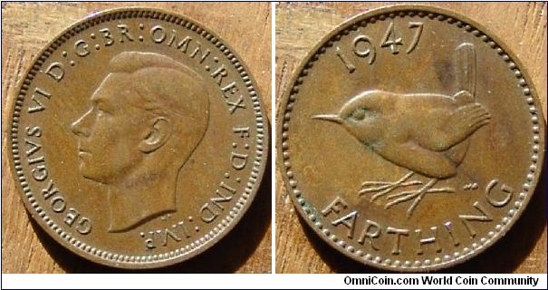 A 1947 British Farthing (One Quarter Penny) AU