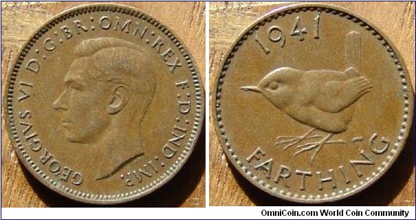 A 1941 British Farthing (One Quarter Penny) AU