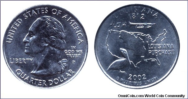 USA, 1/4 dollar, 2002, Cu-Ni, MM: P, Louisiana - 1812, Louisiana Purchase,  Washington                                                                                                                                                                                                                                                                                                                                                                                                                              