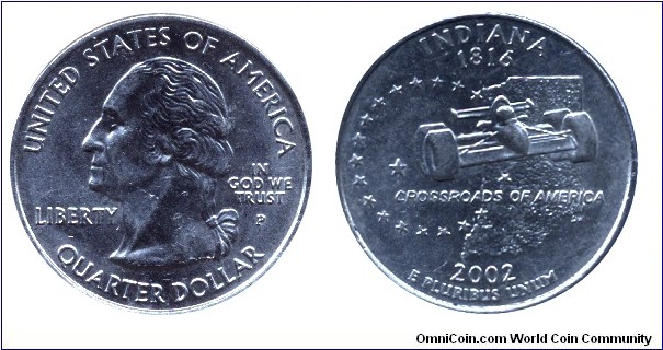 USA, 1/4 dollar, 2002, Cu-Ni, MM: P, Indiana - 1816, Crossroads of America, Washington                                                                                                                                                                                                                                                                                                                                                                                                                              