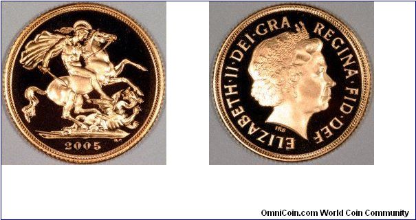 Synthesized image of 2005 proof gold sovereign. The actual design for 2005 will be a stylised version of St. George & the Dragon, and new images will not be released before early January 2005, as they are embargoed until then. We will replace these images with the real ones as soon as they are available.