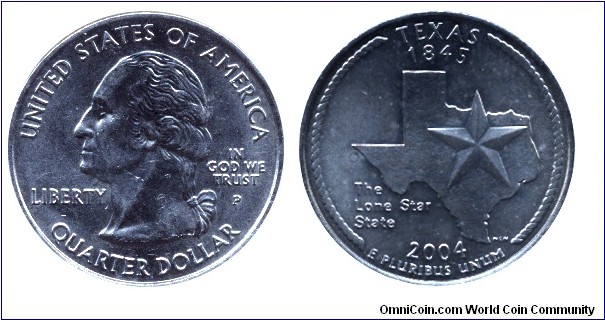 USA, 1/4 dollar, 2004, Cu-Ni, MM: P, Texas - 1845, The Lone Star State, Washington.                                                                                                                                                                                                                                                                                                                                                                                                                                 