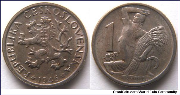 Czechoslovakia, 1 koruna, 1946, Copper-Nickel