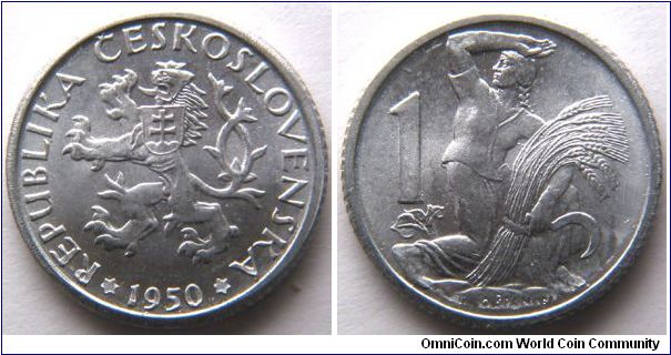 Czechoslovakia, 1 koruna, 1950, Aluminum