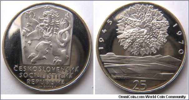 Czechoslovakia, 25 korun, 1970, 25th Anniversary of Liberation, Proof, Mintage 5,000