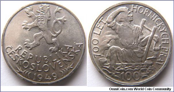 Czechoslovakia, 100 korun, 1949, 700th Anniversary of Jihlava Minig Priviliges