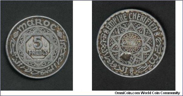 5 franc from cherfian empire - Morocco issued 1370 AH Minted by Sakka Mohamadya