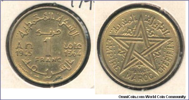 1 FRANC from bronze minted in 1364AH