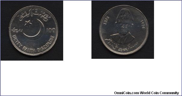 Silver 100 Rupees coin which was issued for 100th birtday of Q.A.Muhammad Ali Jinnah