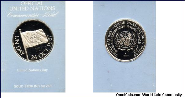 Solid Sterling Silver Commemorative Medal Issued by UN fof UN Day on 24-OCT-1987