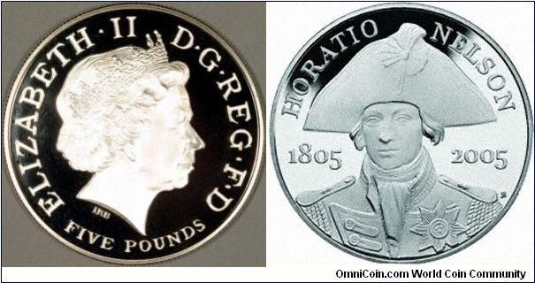 Admiral Horatio Nelson on the obverse of one of the new 2005 UK crowns. There will be 2 this year, the other being for the bi-centenary of the Battle of Trafalgar.
