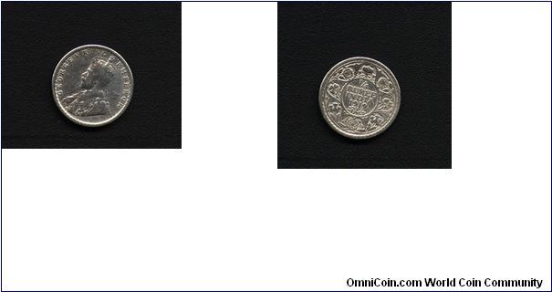 Silver, 1/4 Rupee, George V King Emperor, India, 1919