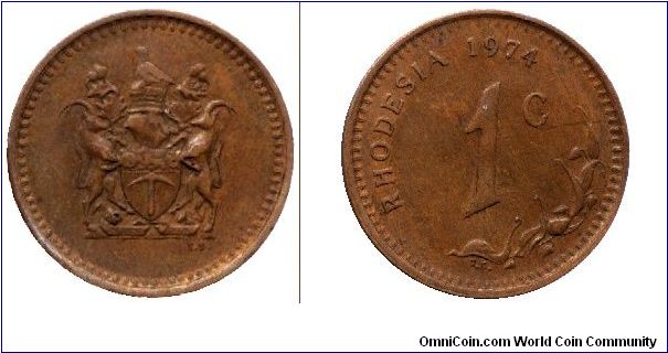 Rhodesia, 1 cent, 1974, Bronze, Coat of Arms.                                                                                                                                                                                                                                                                                                                                                                                                                                                                       