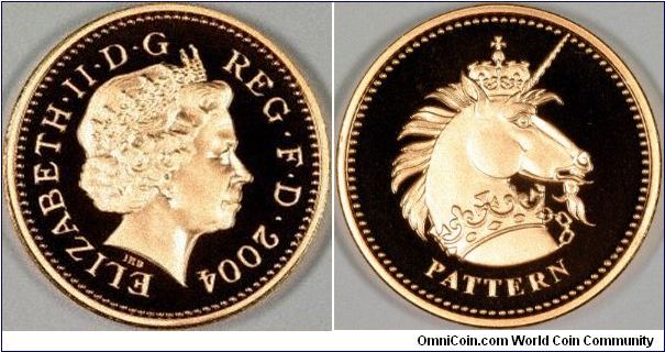 British gold pattern pound proof with heraldic unicorn representing Scotland.
Obverse is same for all 4 patterns.