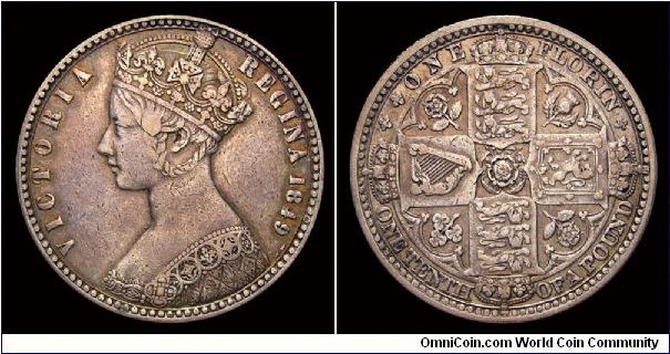 1849 Great Britain Florin, Queen Victoria, Godless style. EF.