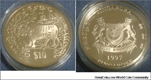 SINGAPORE 1997 YEAR OF OX SILVER PROOF-LIKE COIN. 
The Ox in Chinese horoscope & mythology is a sign of  extreme strength, patience, & tolerance. People born in the years of ox are hardworking & trustworthy.FOR SALE. PLEASE MAKE AN OFFER.