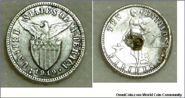 US PHILIPINES 1919 10 CENTS COIN. Superb condition. For sale .Please make an offer.