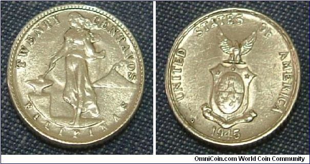 US PHILIPINES 1945 20 CENTS SILVER COIN. In immaculate extra fine condition. For sale please make an offer.
