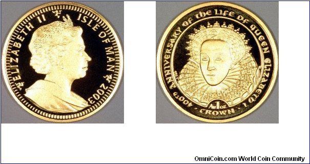 Manx proof gold crown, with Elizabeth I on the reverse 400th Anniversary of the Life of Queen Elizabeth I, part of a 5-coin set themed The Golden Age.
We have now uploaded bigger, better images of this coin.