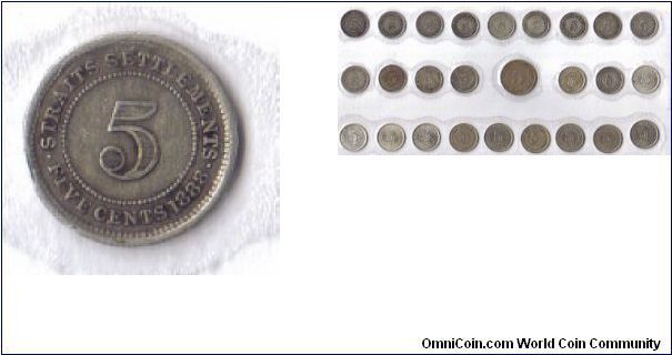 STRAITS SETTLEMENT  1888 5 CENTS SILVER COIN. THIS PIECE IS PART OF A COLLECTION OF 26 5 CENTS COIN FROM THE SERIES. YEARS RANGE FROM 1873 TO 1961. ALL IN VERY GOOD CONDITION. THE WHOLE SET IS FOR SALE. PLEASE MAKE AN OFFER.