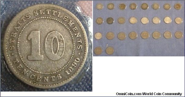 STRAITS SETTLEMENT  1890 10 CENTS SILVER COIN. THIS PIECE IS PART OF A COLLECTION OF 26 5 CENTS COIN FROM THE SERIES. YEARS RANGE FROM 1890 TO 1961. ALL IN VERY GOOD CONDITION. THE WHOLE SET IS FOR SALE. PLEASE MAKE AN OFFER.