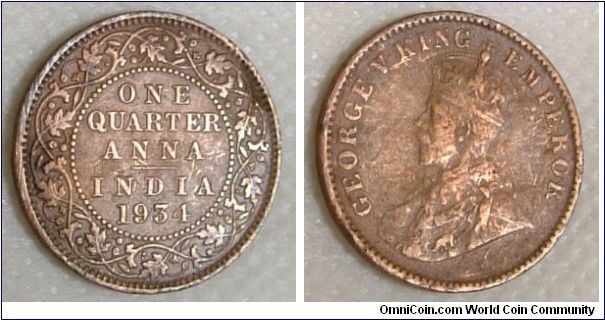 BRITISH INDIA QUARTER ANNA COPPER COIN. A PIECE OF ANTIQUE & HISTORY.FOR SALE. PLEASE MAKE AN OFFER.