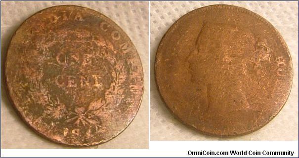 EAST INDIA COMPANY 1840 1 CENT COPPER COIN FEATURING QUEEN VICTORIA. FOR SALE. PLEASE MAKE AN OFFER.