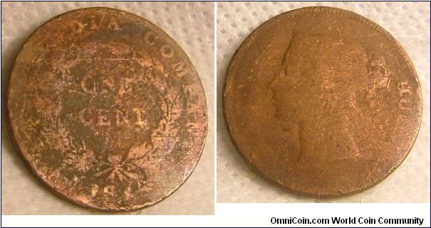 EAST INDIA COMPANY 1840 1 CENT COPPER COIN FEATURING QUEEN VICTORIA. FOR SALE. PLEASE MAKE AN OFFER.
