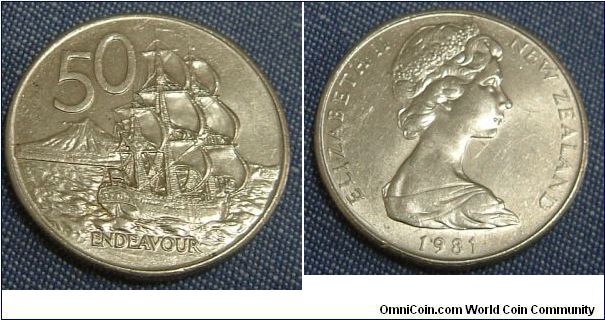 NEW ZEALAND 1981 50 CENTS ENDEAVOUR QE2 COIN. FOR SALE. PLEASE MAKE AN OFFER.