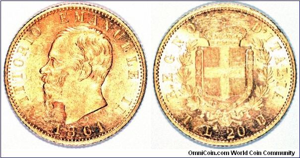 Italy has existed as geographical concept for millennia, but is was only from 1861 that Italy was unified as a nation. Our photo shows a gold twenty lire coin of King Vittorio Emanuele dated 1861.