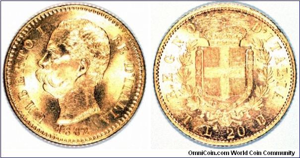 King Umberto I on a gold 20 Lire of 1882. Some people get confused when they see the Savoy cross on the reverse, and think it is a Swiss coin, but the Kings of Italy previously ruled the Savoy area of France.