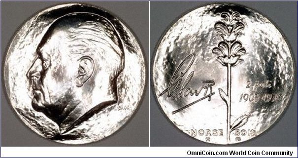 Fifty Kroner of 1978, issued to celebrate the 75th birthday of King Olav V who was born on the 2nd of July 1903. This is a magnificent coin. The obverse design reminds us of some of the finest pieces of ancient classical Greek coinage. The portrait almost fills the coin, and there is no inscription to detract from its bold design in high relief. The design on the reverse is also clean and simple, almost minimalist. The field or background of each side is textured in such a way as to look like ha