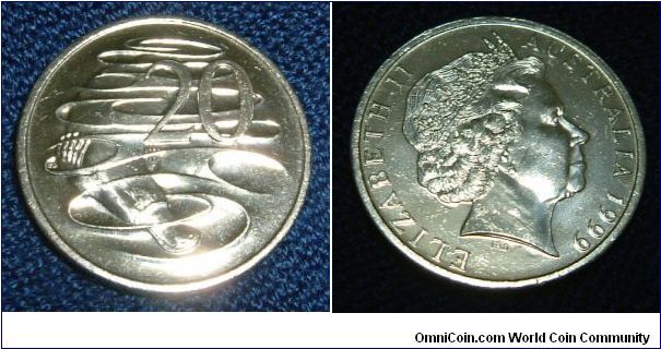 AUSTRALIA 1999 20 CENTS COIN. FEATURING THE PLATYPUS & Q.E.2.DEFINITELY A SHOWPIECE.  FOR SALE. PLEASE MAKE AN OFFER.