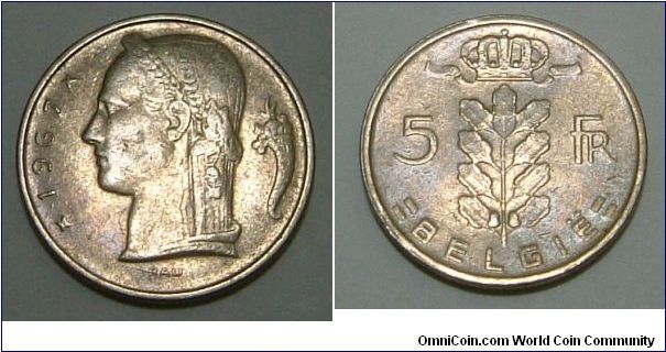 BELGIUM 1967 5 FR DARK NICKEL COIN. DEFINITELY FIR FOR SHOWROOMS. FOR SALE. PLEASE MAKE AN OFFER.