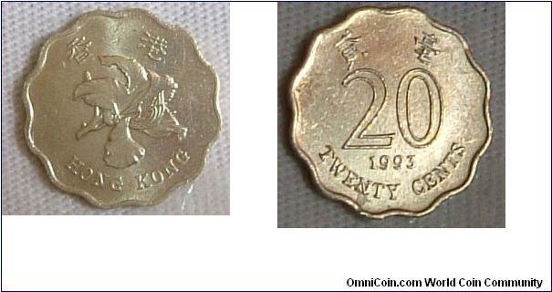 HONG  KONG  1993  20 CENTS
A very fine shiny, 20 cents from Hong Kong.For sale. Please make an offer.