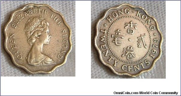 HONG  KONG  1978  20 CENTS.
A 20 cents featuring QE2. This is the last  from this series. For sale. Please make an offer.
