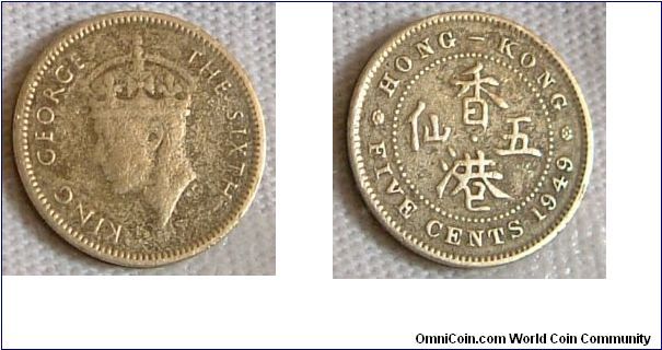 HONG  KONG  1949  5  CENTS
King George VI on a  Hong Kong 1949  5  cents. For sale. Please make an offer.