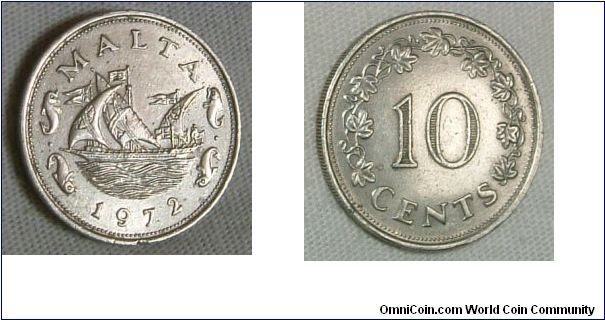 MALTA 1972  10 CENTS
A rare currency to come by. The coin is made from cuprous nickel. Condition is extra fine. A showroom potential. For sale. Please make an offer.