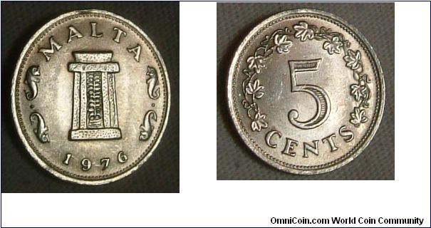 MALTA 1976 5 CENTS 
A rare currency to come by. The coin is made from cuprous nickel. Condition is more than extra fine. A showroom potential. For sale. Please make an offer.