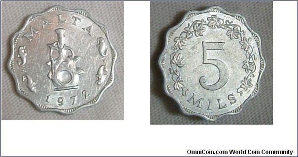 MALTA 1972 5 MILS IN ALUMINIUM
Rare Maltese 5 mils in aluminium. Very fine condition . For sale. Please make an offer.