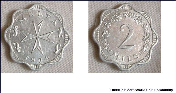 MALTA 1972 5 MILS IN ALUMINIUM
Maltese 5 mils  in aluminium. A very rare currency to come by indeed. The coin is in very good condition.
For sale. Please make an offer.